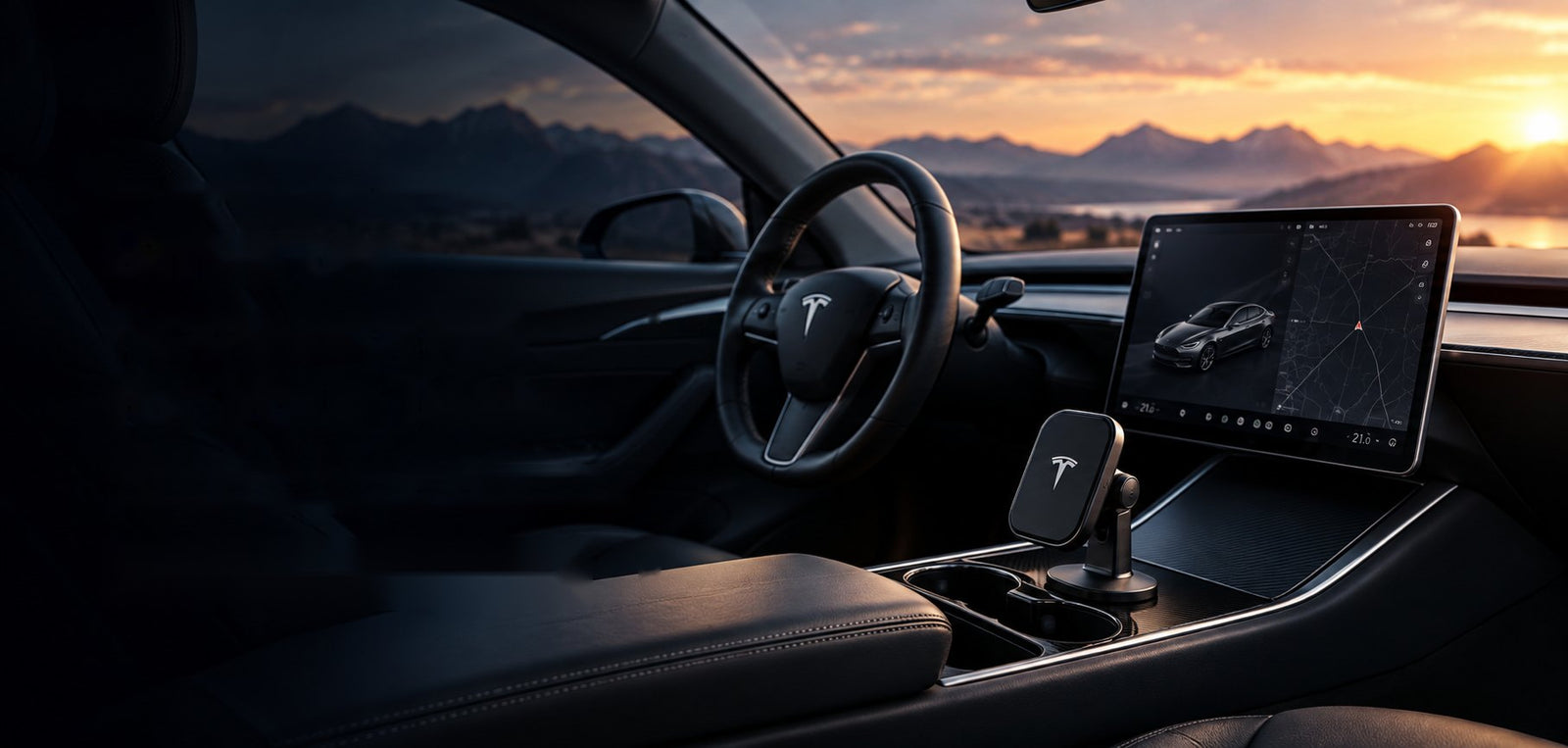 Tesla interior at sunset with a phone mount on the center console
