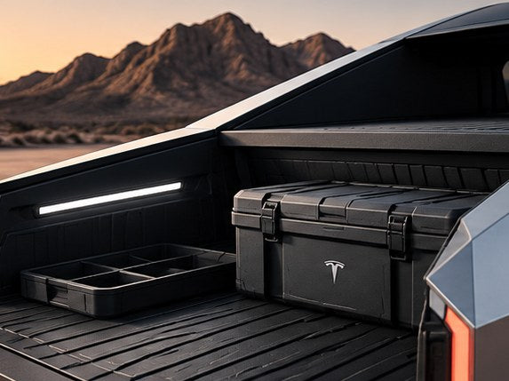 Cybertruck bed with storage boxes and an organizer tray in the desert