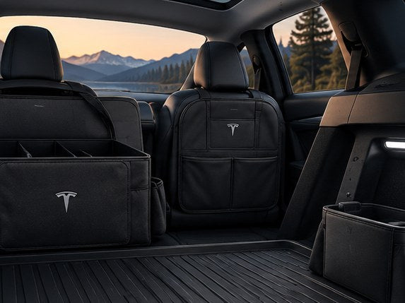 Tesla rear cargo area with seatback organizers and storage bins
